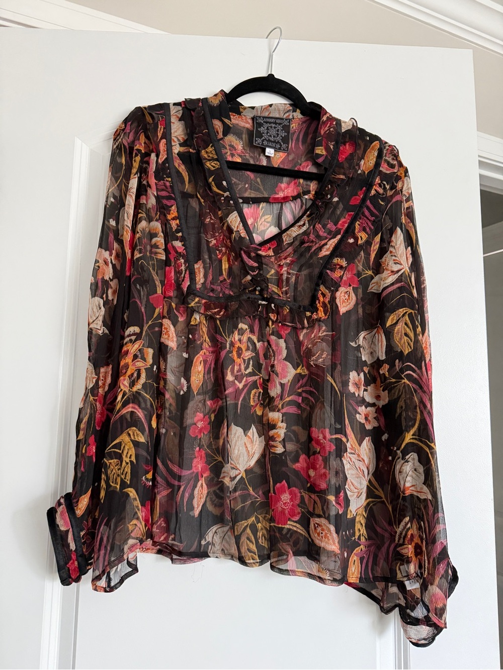 Johnny Was Sheer Silk Floral Blouse - Black/Multi